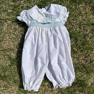 Vintage smocked duck goose embroidered collared tie back jumpsuit romper